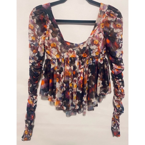 Urban Outfitters Floral Ruffle Ruched Mesh Long Sleeve Babydoll Top, Size S - Picture 3 of 9